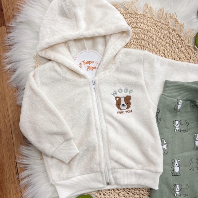 Conj. Jaqueta de Plush Woof for You e Calça de Moletom - Off White e Verde